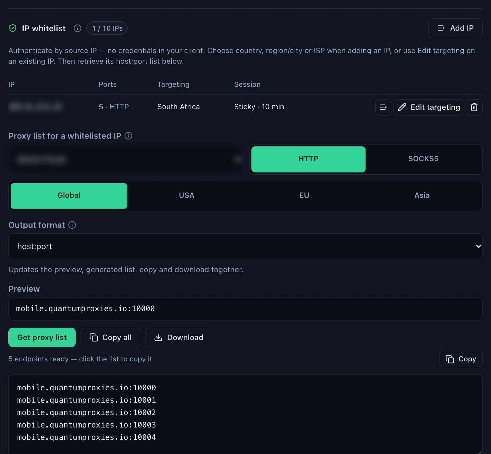 The IP whitelist section of a QuanticData mobile plan: one whitelisted IP, blurred, with 5 HTTP ports, South Africa, Sticky 10 min; below, Proxy list for a whitelisted IP with HTTP, the Global gateway, output format host:port and five mobile.quantumproxies.io endpoints