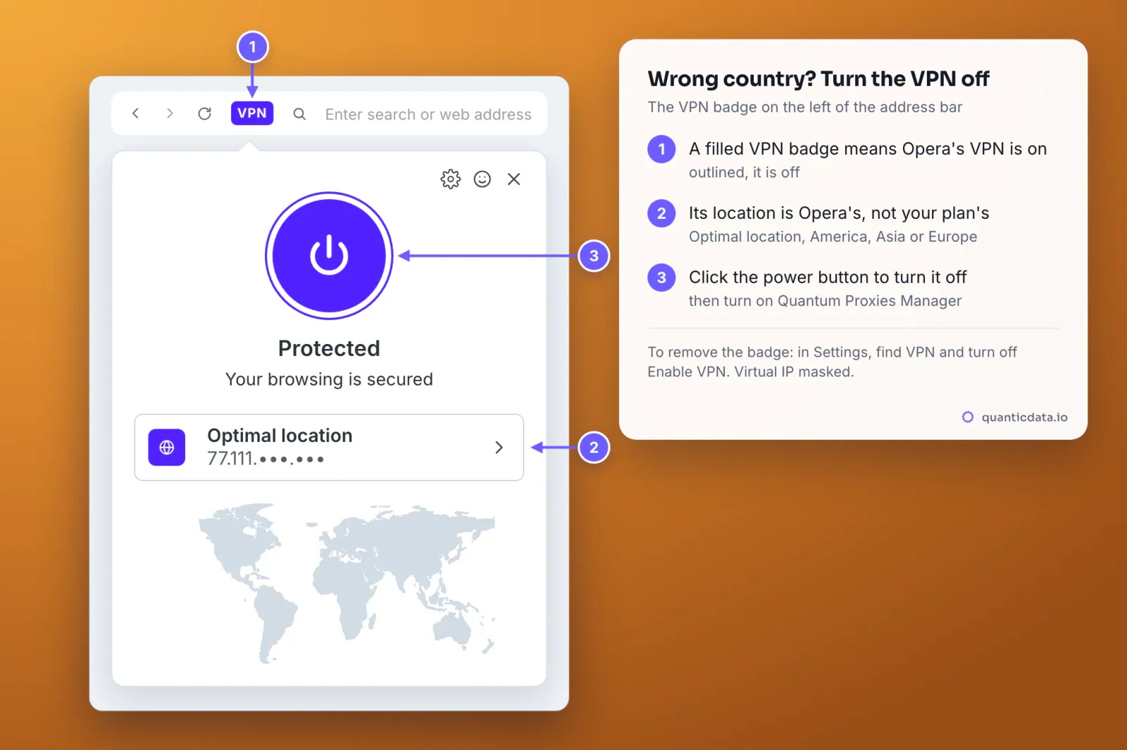 The Opera VPN pop-up opened from the filled VPN badge in the address bar: the purple power button, Protected, Your browsing is secured, Optimal location with a masked virtual IP and the world map; three numbered markers on the badge, the location and the power button that turns the VPN off
