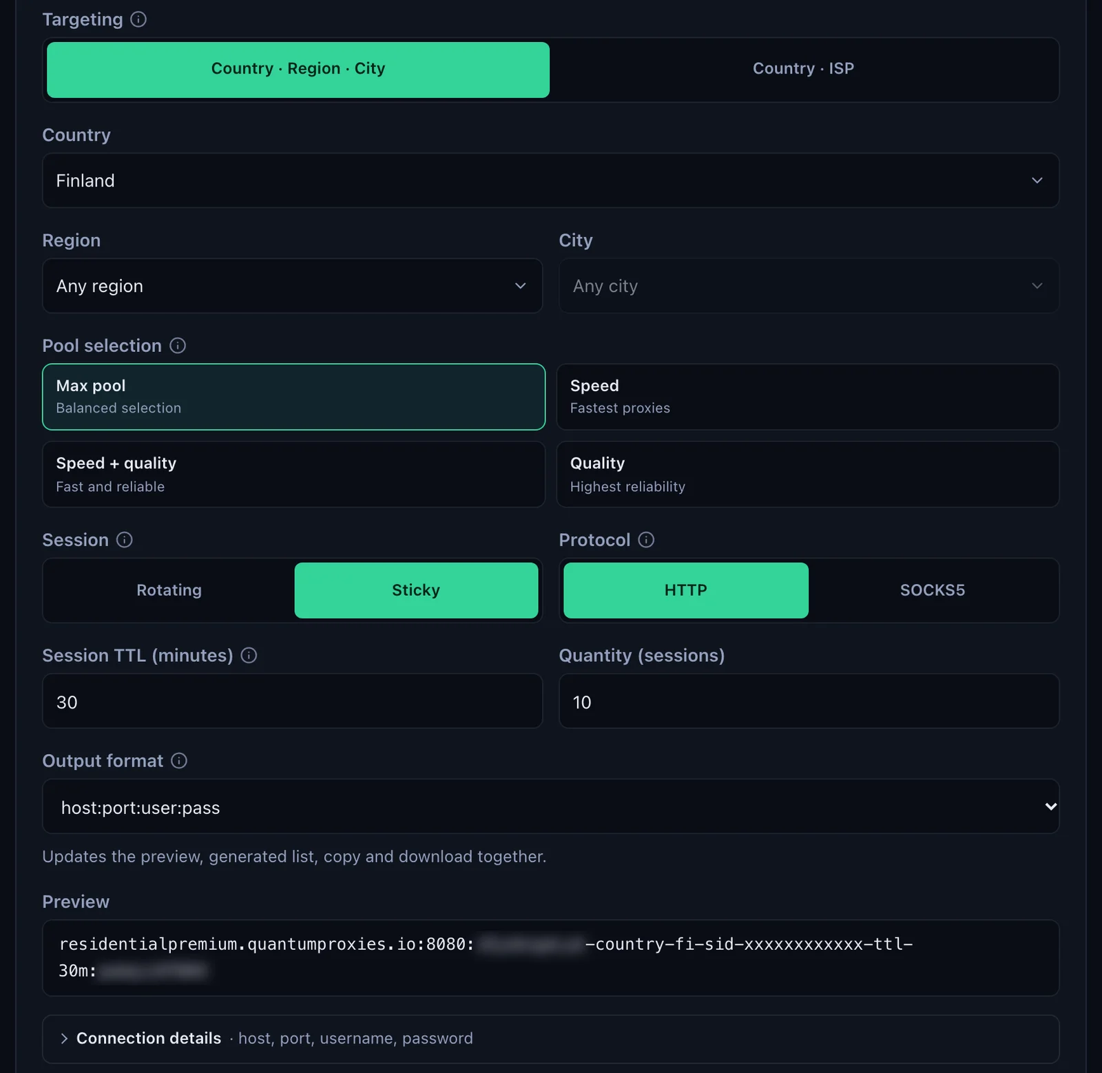 The QuanticData Endpoint generator for a Residential Premium plan: Finland selected, Session set to Sticky, HTTP protocol, output format host:port:user:pass and the preview line with the username and password blurred