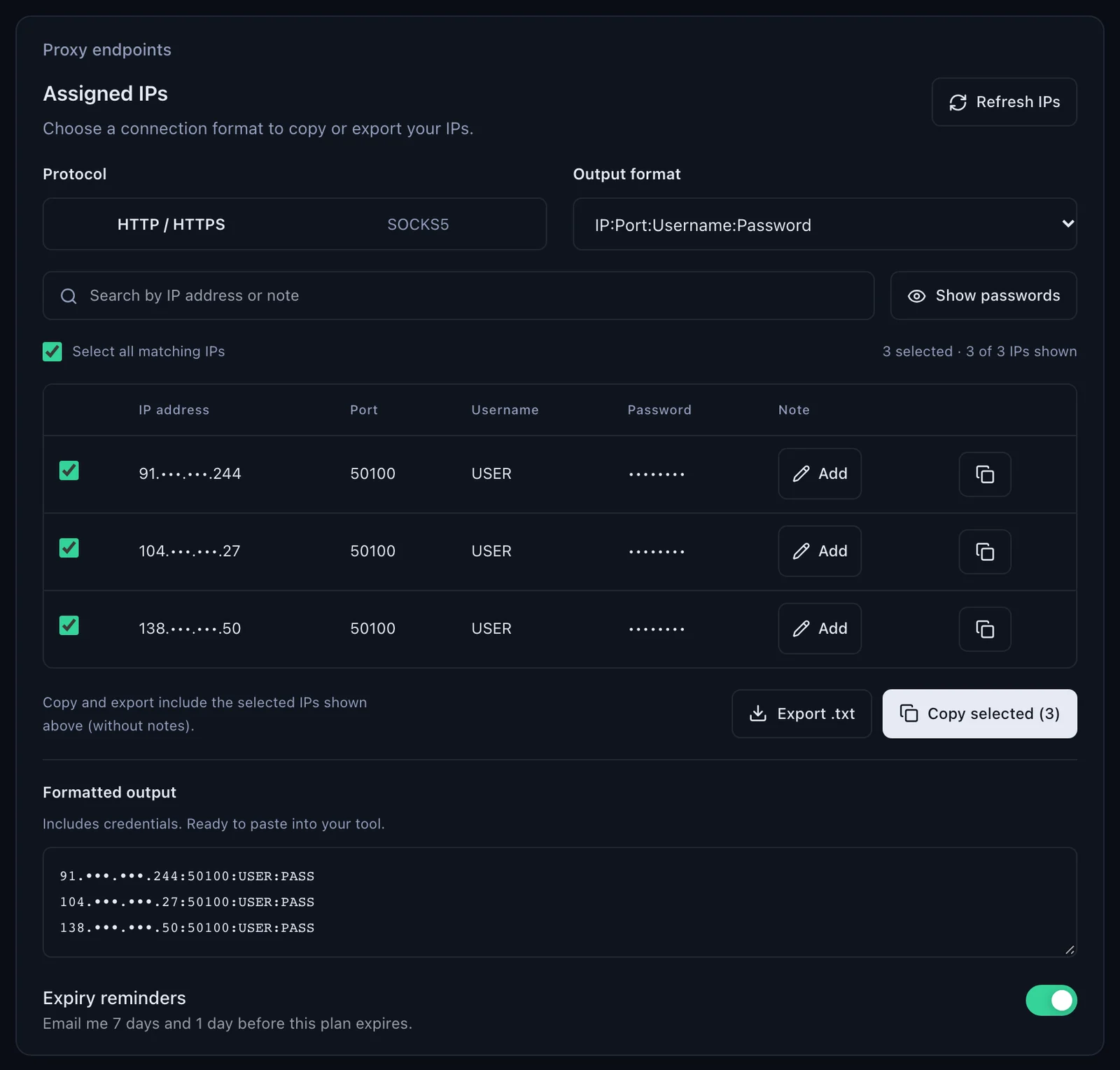 The Assigned IPs panel of an ISP plan in the QuanticData dashboard: protocol HTTP / HTTPS, output format IP:Port:Username:Password, three IPs with the middle digits masked on port 50100 with username USER and the password hidden, and the formatted output with one IP:50100:USER:PASS line per IP