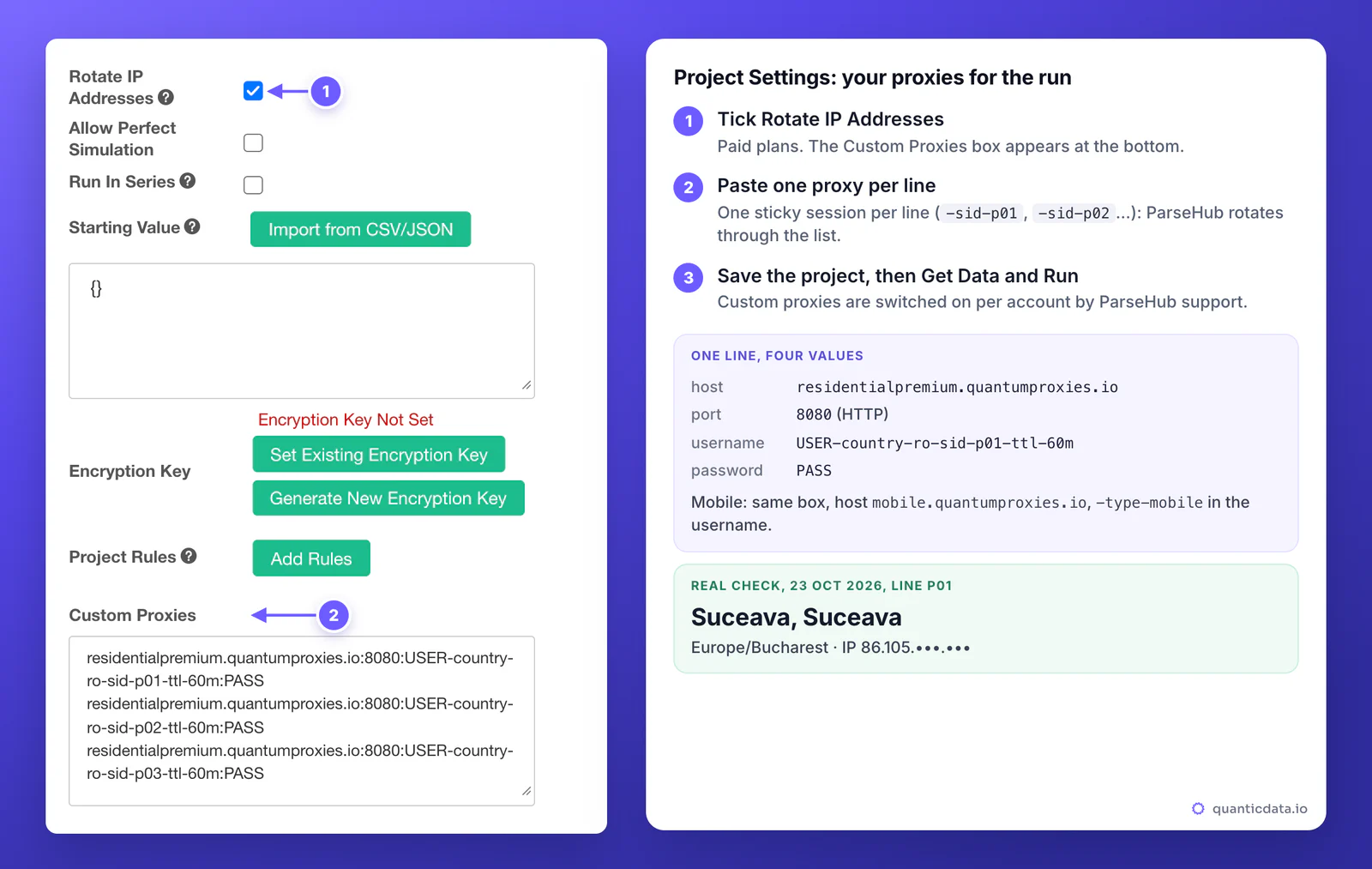 ParseHub project Settings with Rotate IP Addresses ticked and three QuanticData Residential Premium sticky lines for Romania in the Custom Proxies box, residentialpremium.quantumproxies.io port 8080 with USER-country-ro-sid-p01, p02 and p03 and ttl-60m; beside it the steps and a real check of the p01 line: Suceava, Suceava, Europe/Bucharest