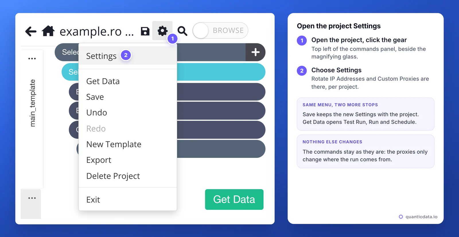 ParseHub project with the gear menu open at the top of the commands panel: numbered markers on 1 the gear icon beside the magnifying glass and 2 the Settings item; the menu also lists Get Data, Save, Undo, Redo, New Template, Export, Delete Project and Exit
