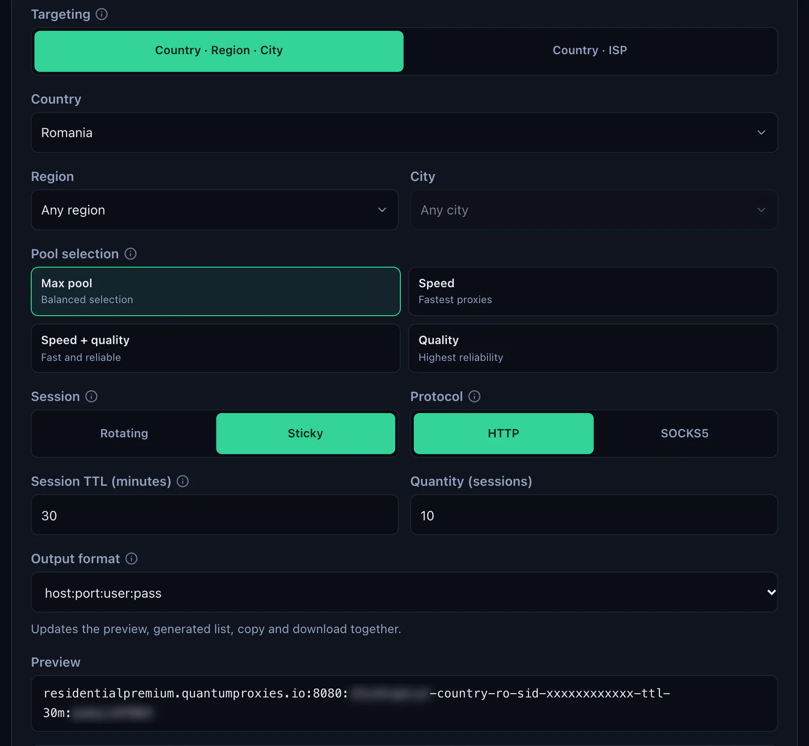 The QuanticData Endpoint generator for a Residential Premium plan: Romania selected, Session set to Sticky with a 30-minute TTL, HTTP protocol, quantity 10, output format host:port:user:pass and the preview line, with the username and password blurred
