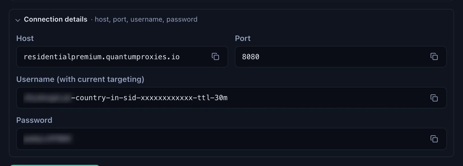 Connection details in the QuanticData Endpoint generator: Host residentialpremium.quantumproxies.io, Port 8080, the username with the India targeting and the session, and the password, each with a copy button, credentials blurred