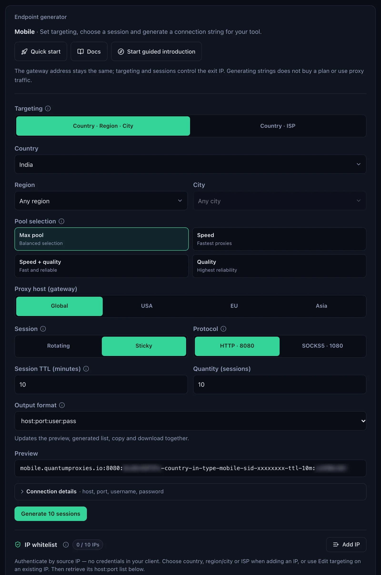 The QuanticData Endpoint generator for a Mobile plan: India selected, Global, USA, EU and Asia gateways, Sticky session, HTTP 8080 or SOCKS5 1080, output format host:port:user:pass and the preview line with -type-mobile, credentials blurred, and the IP whitelist section below