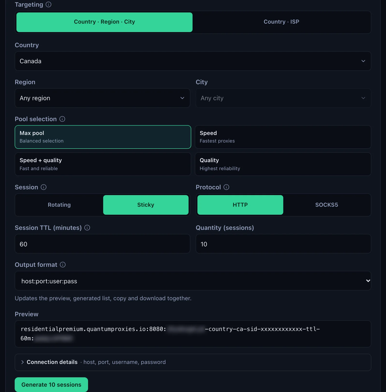 The QuanticData Endpoint generator for a Residential Premium plan: Canada selected, Session set to Sticky with a 60-minute TTL, HTTP protocol, Quantity 10 sessions, output format host:port:user:pass and the preview line, with the username and password blurred