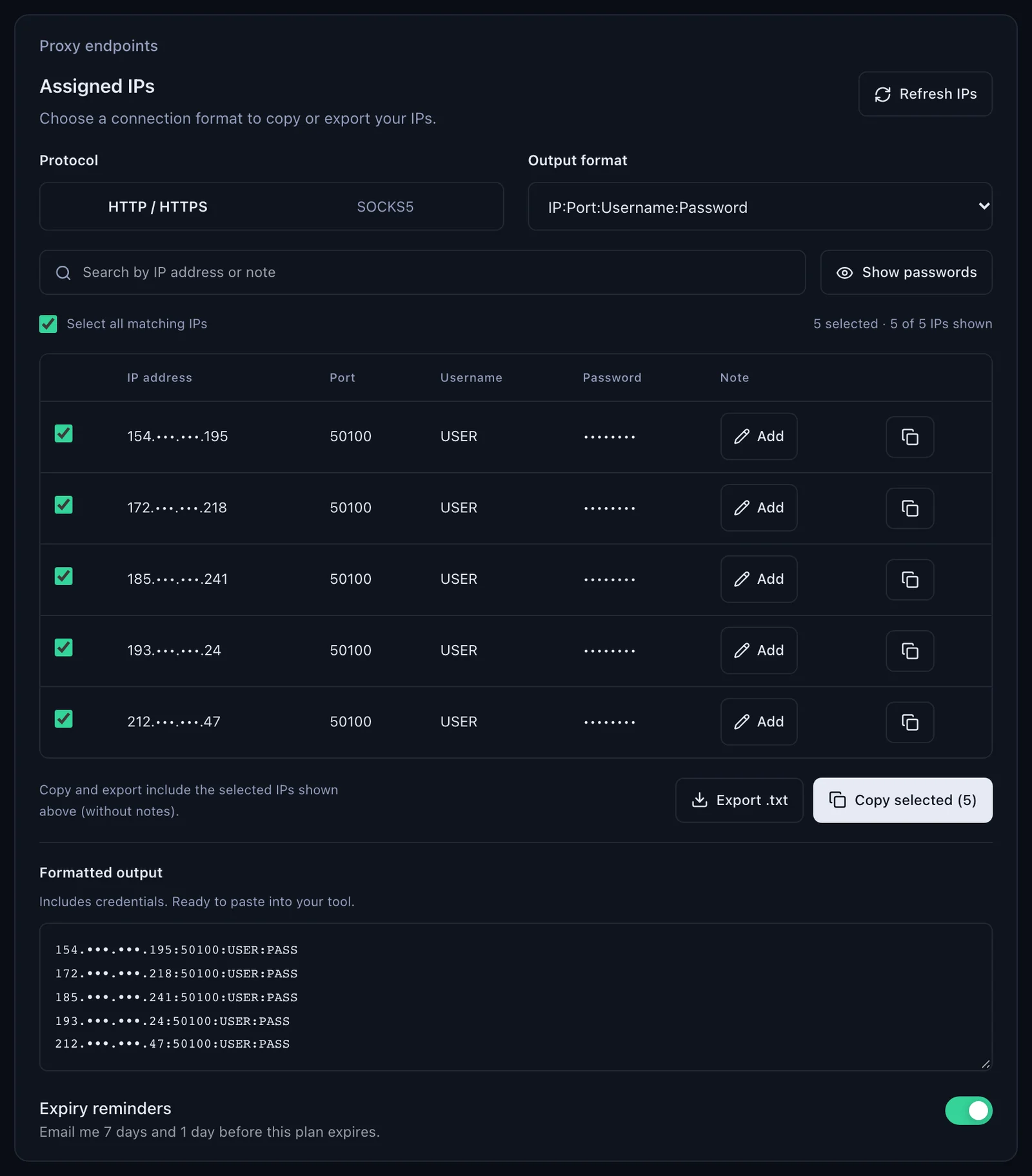The Assigned IPs panel of a QuanticData ISP plan: Protocol HTTP / HTTPS or SOCKS5, Output format IP:Port:Username:Password, five IPs masked with port 50100 and username USER, Export .txt and Copy selected, and the formatted output ready to paste into ScrapeBox