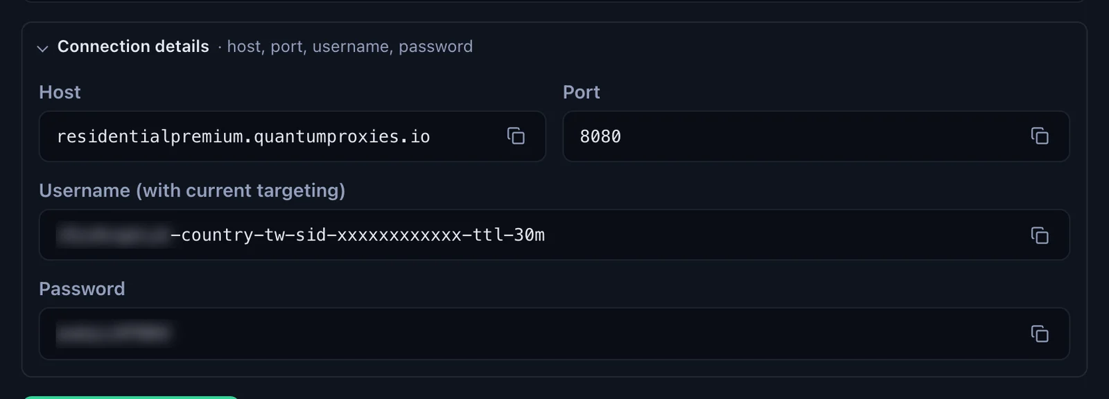 Connection details in the QuanticData Endpoint generator: Host residentialpremium.quantumproxies.io, Port 8080, the username with the Taiwan targeting and the session, and the password, each with a copy button, credentials blurred