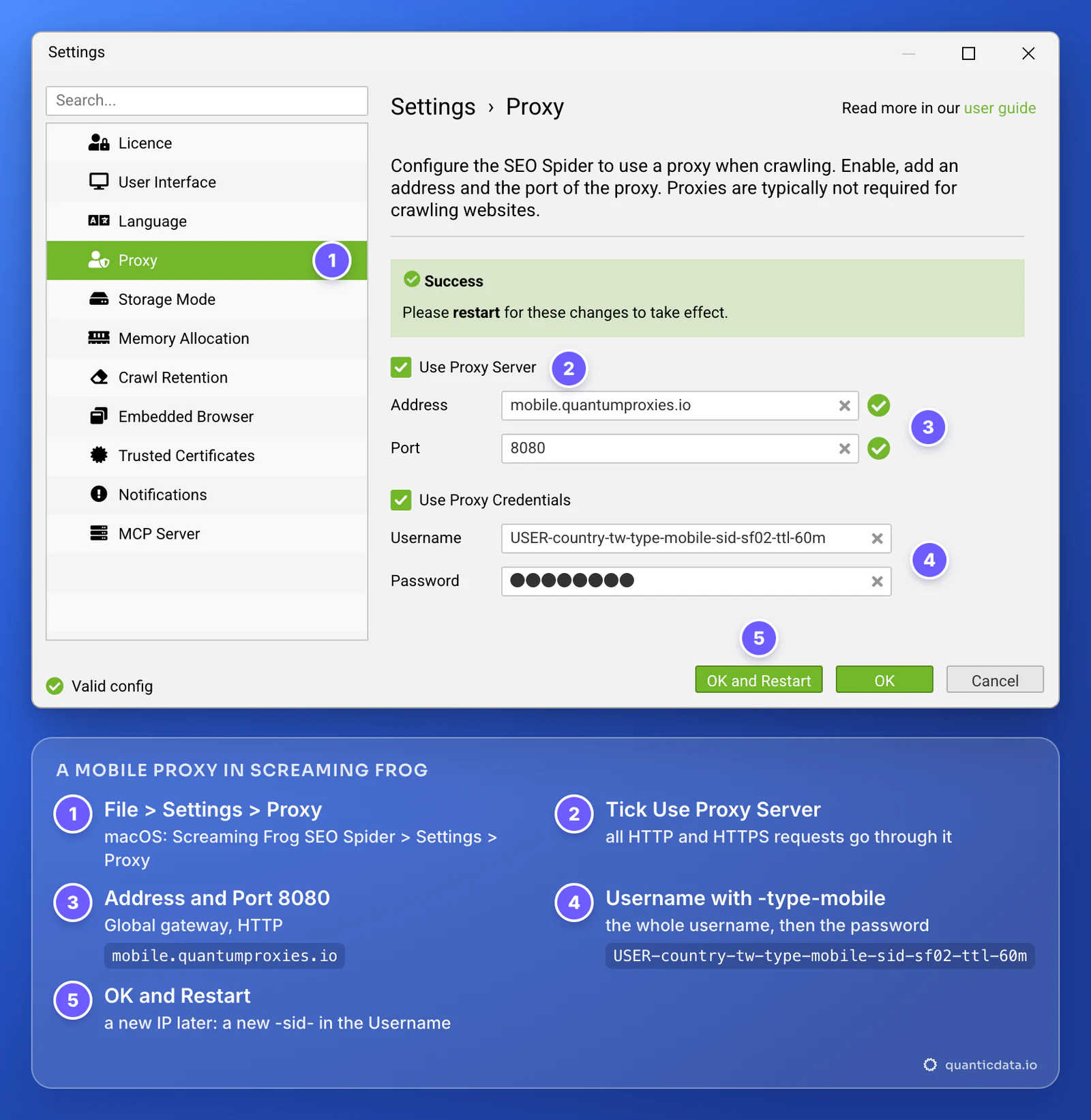 Screaming Frog Proxy settings with a QuanticData mobile line: Address mobile.quantumproxies.io, Port 8080, Use Proxy Credentials with the username USER-country-tw-type-mobile-sid-sf02-ttl-60m and the password, then OK and Restart, with numbered markers
