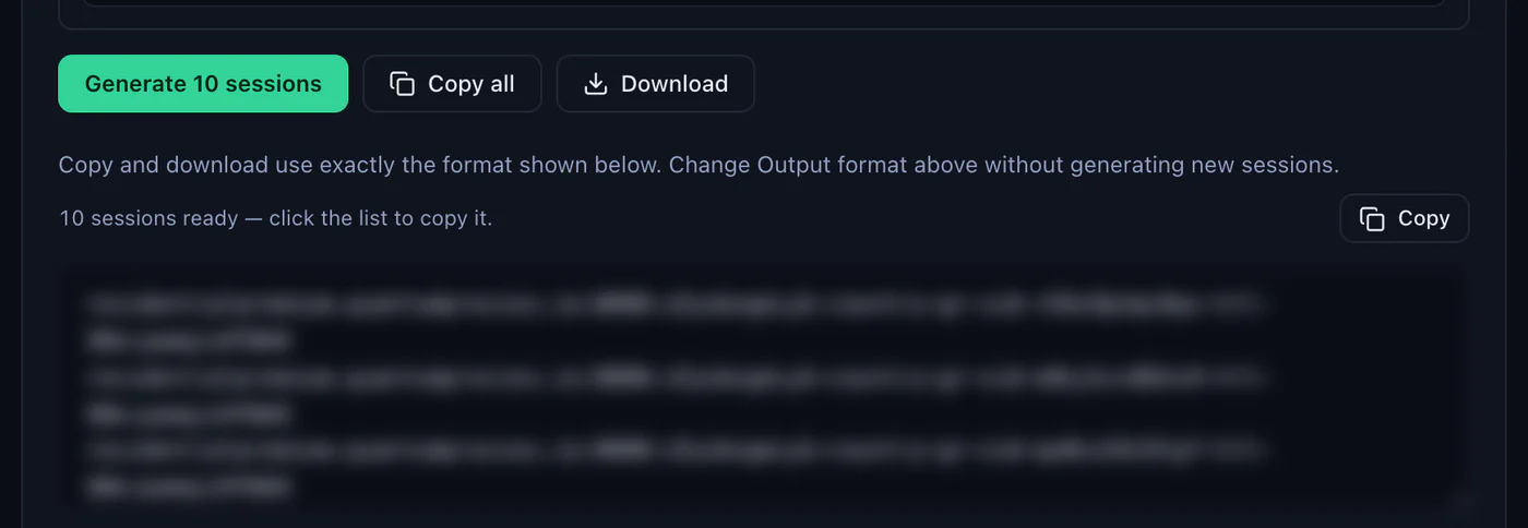 The Generate 10 sessions button in the QuanticData Endpoint generator with Copy all and Download, and the list of sticky Greece lines ready to copy, credentials blurred