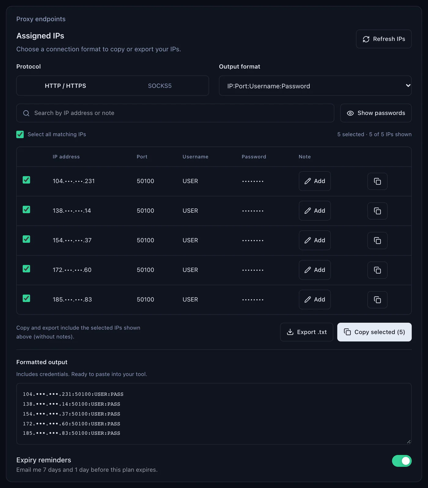 The Assigned IPs panel of a QuanticData ISP plan: protocol HTTP / HTTPS or SOCKS5, output format IP:Port:Username:Password, five sample IPs masked on port 50100 with username USER, and the formatted output ready to copy