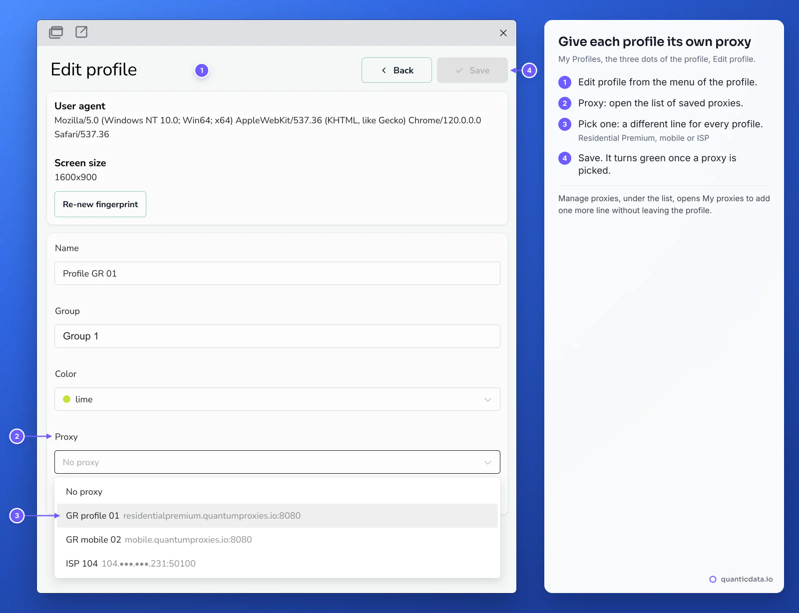 SessionBox One Edit profile box with the Proxy list open: No proxy, GR profile 01 residentialpremium.quantumproxies.io:8080, GR mobile 02 mobile.quantumproxies.io:8080 and ISP 104 on port 50100, with four numbered steps: Edit profile, open Proxy, pick a different line for every profile, Save