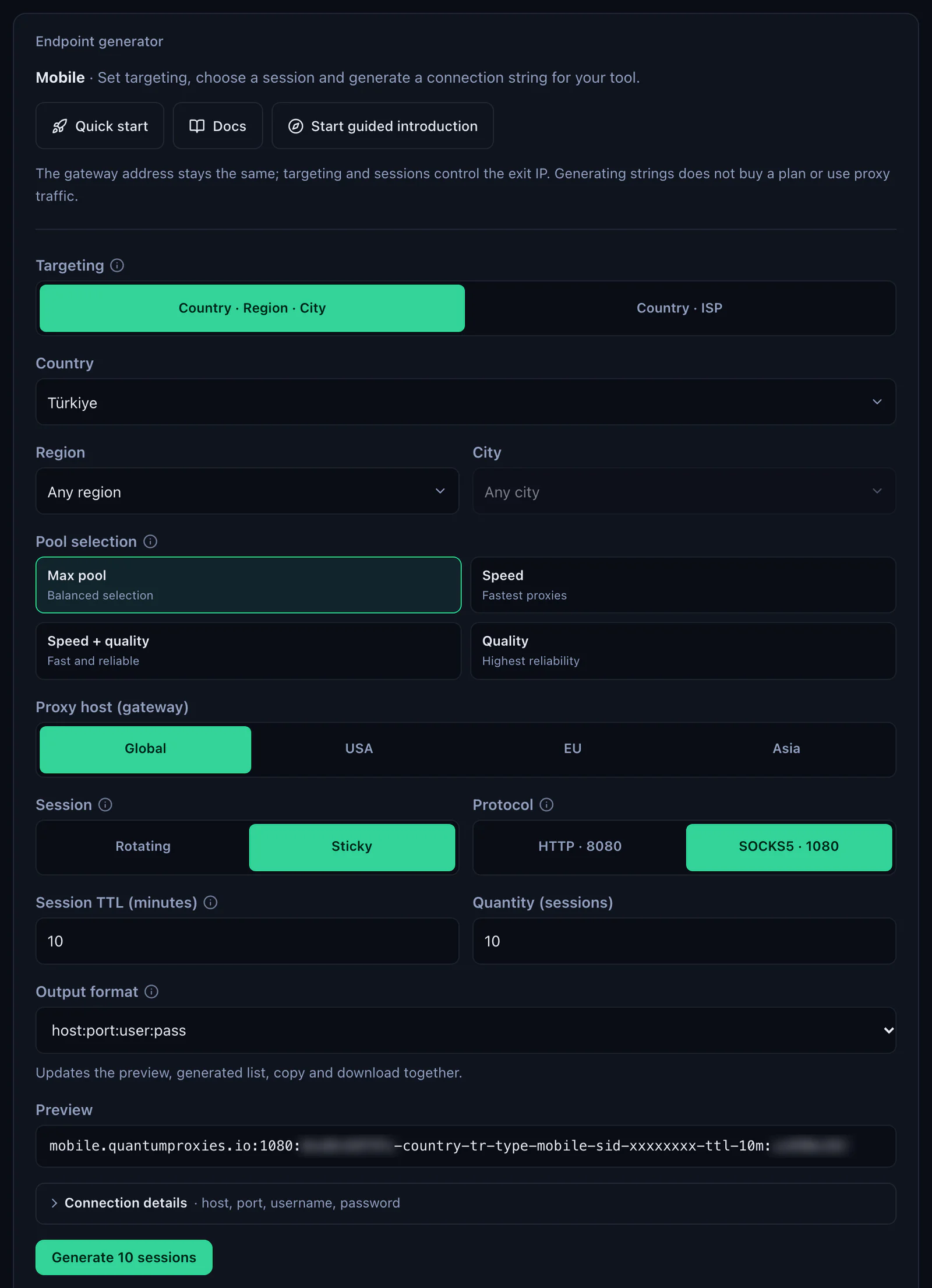 The QuanticData Mobile Endpoint generator: Türkiye selected, Global, USA, EU and Asia gateways, Session set to Sticky, Protocol SOCKS5 1080, output format host:port:user:pass and the preview line on mobile.quantumproxies.io port 1080, credentials blurred