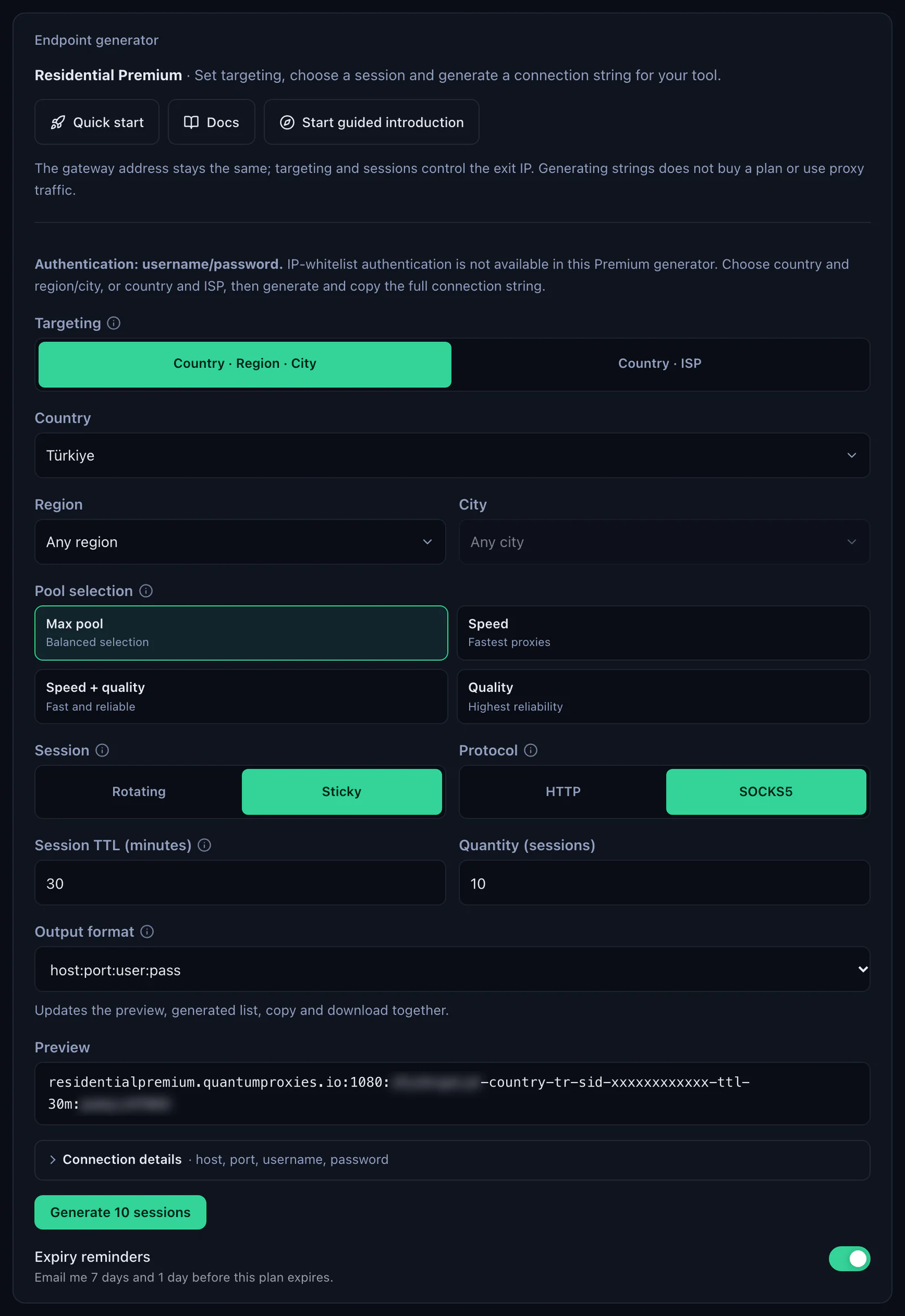 The QuanticData Endpoint generator for a Residential Premium plan: Türkiye selected, Session set to Sticky with a 30-minute TTL, Protocol SOCKS5, output format host:port:user:pass and the preview line on port 1080, with the username and password blurred