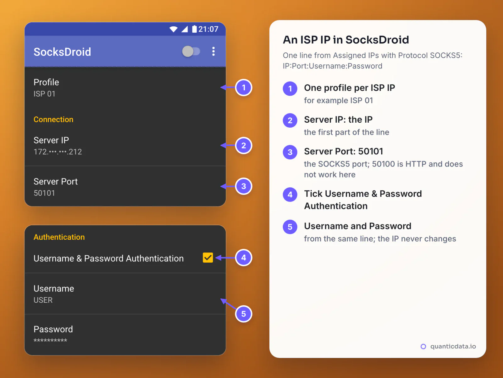 A QuanticData ISP IP in SocksDroid, redrawn in two parts of the same screen: Profile ISP 01, Server IP 172.•••.•••.212 (masked), Server Port 50101 for SOCKS5, then Username & Password Authentication ticked, Username USER and the password as asterisks, with five numbered steps