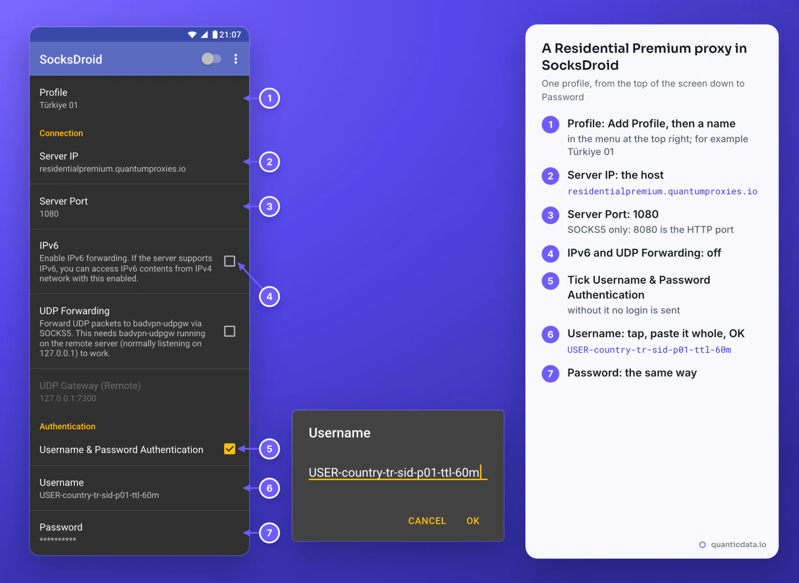 SocksDroid on Android, redrawn with our values: Profile Türkiye 01, Server IP residentialpremium.quantumproxies.io, Server Port 1080, IPv6 and UDP Forwarding unticked, Username & Password Authentication ticked, Username USER-country-tr-sid-p01-ttl-60m and the password as asterisks, with the Username edit box and seven numbered steps