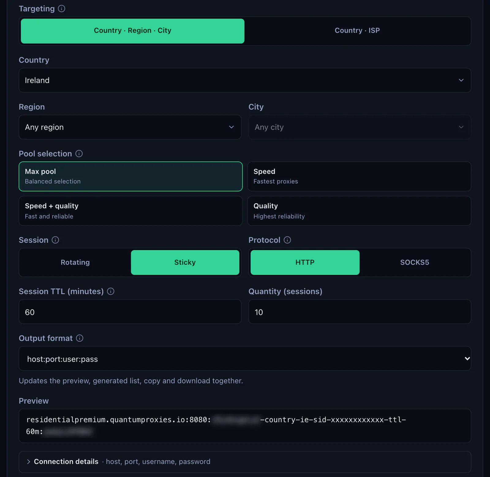 The QuanticData Endpoint generator for a Residential Premium plan: Ireland selected, Session set to Sticky with a 60-minute TTL, HTTP protocol, output format host:port:user:pass and the preview line, with the username and password blurred