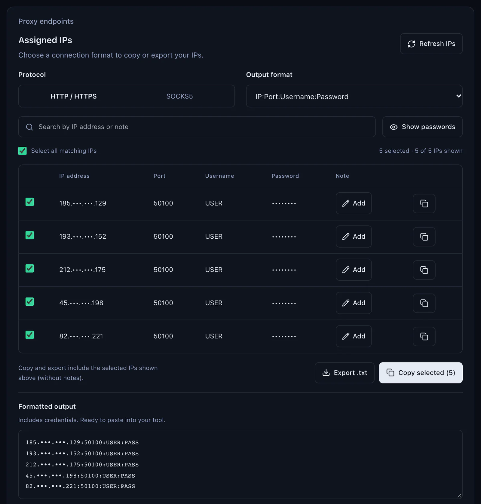 The Assigned IPs panel of a QuanticData ISP plan: Protocol HTTP / HTTPS or SOCKS5, output format IP:Port:Username:Password, five sample IPs masked on port 50100 with USER and PASS, Copy selected, Export .txt and the formatted output