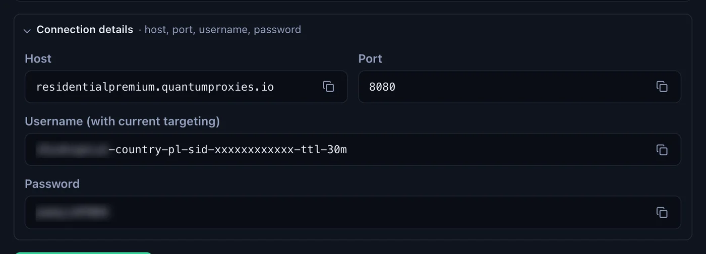 Connection details in the QuanticData Endpoint generator: host residentialpremium.quantumproxies.io, port 8080, the username with -country-pl-sid- and the password, each with a copy button, credentials blurred