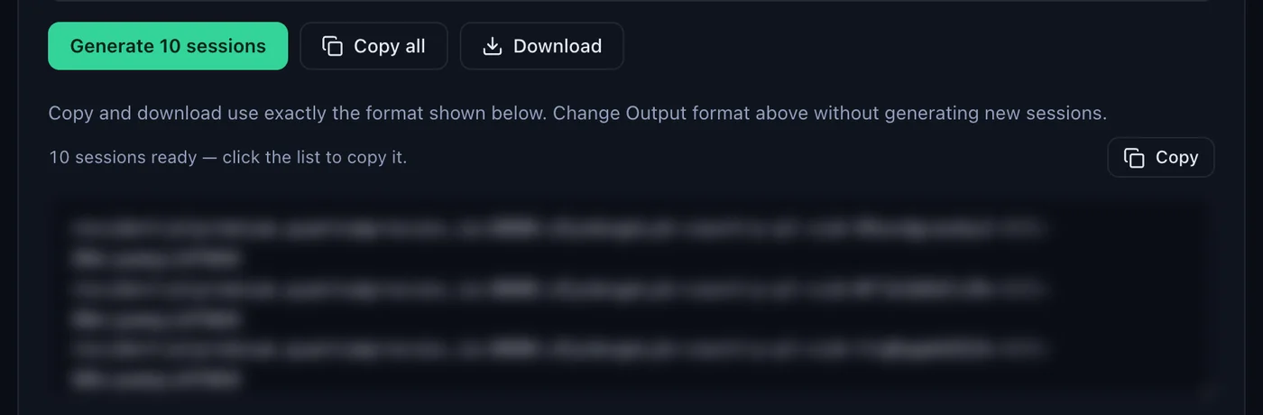 The Generate 10 sessions button in the QuanticData Endpoint generator with Copy all and Download, and the list of sticky Poland lines ready to copy, credentials blurred
