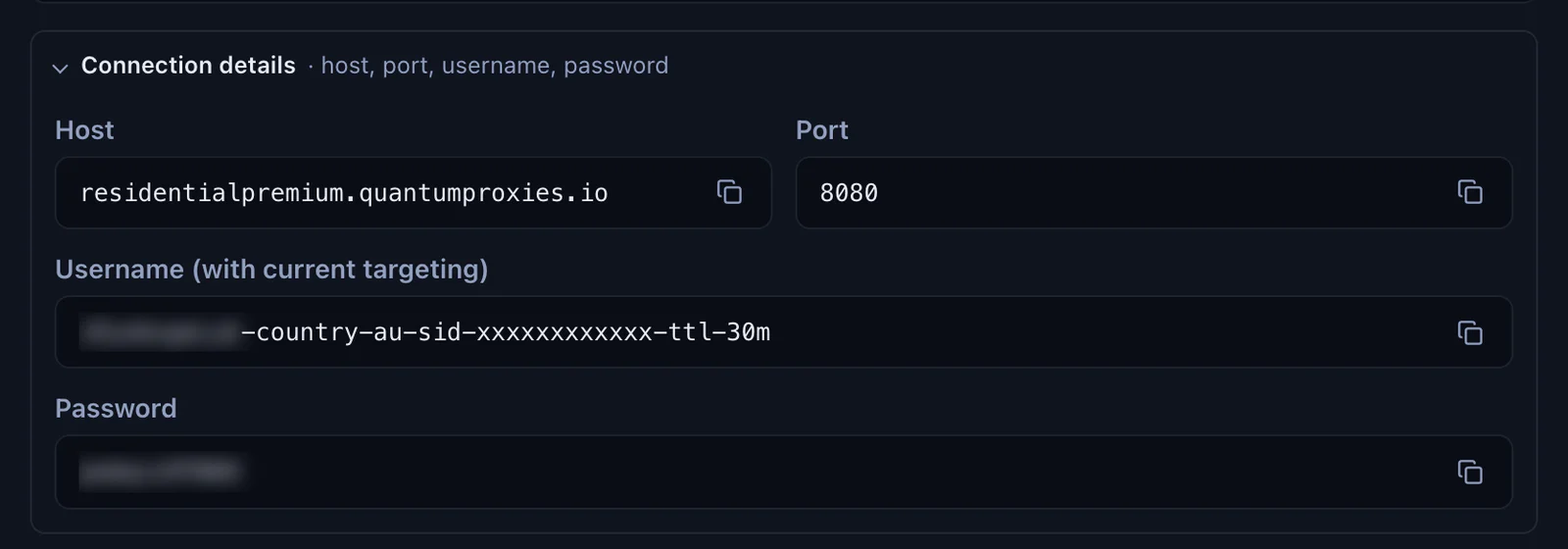 Connection details in the QuanticData Endpoint generator: host residentialpremium.quantumproxies.io, port 8080, the username with -country-au and the session, and the password, each with a copy button, credentials blurred