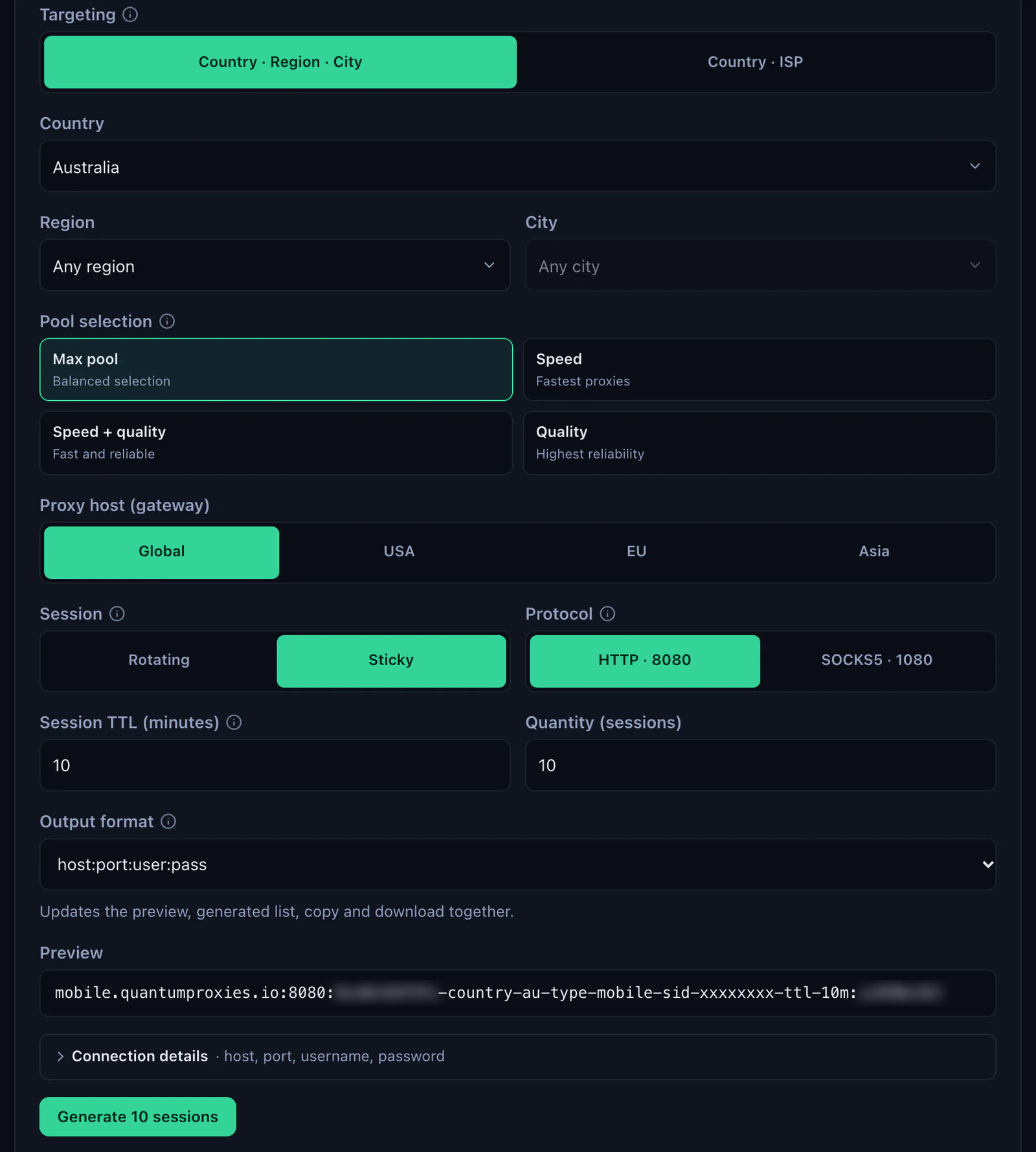 The QuanticData Mobile Endpoint generator: Australia selected, the Global, USA, EU and Asia gateways, Session Sticky, Protocol HTTP 8080 or SOCKS5 1080, Session TTL and the preview line on mobile.quantumproxies.io with -type-mobile, credentials blurred