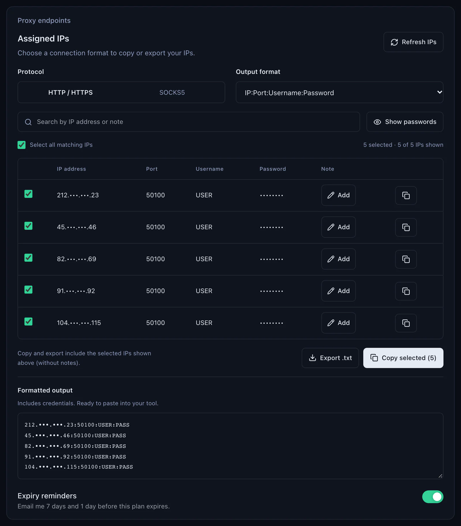 The Assigned IPs panel of a QuanticData ISP plan: Protocol HTTP / HTTPS or SOCKS5, Output format IP:Port:Username:Password, five IPs masked with port 50100 and username USER, Export .txt and Copy selected, and the formatted output