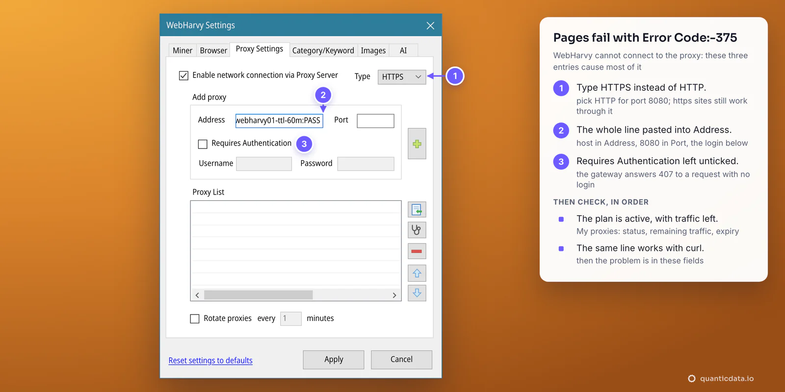 The Proxy Settings tab of WebHarvy with the three entries behind most Error Code:-375 pages marked: Type HTTPS instead of HTTP, the whole QuanticData line pasted into Address with Port empty, and Requires Authentication unticked; beside it the fix for each and what to check next