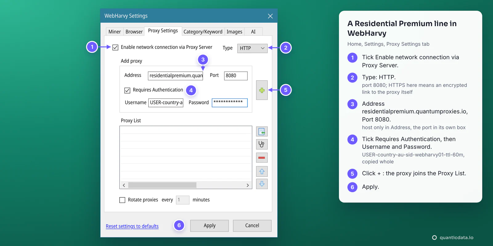 The Proxy Settings tab of WebHarvy Settings with six numbered steps beside it: Enable network connection via Proxy Server ticked, Type HTTP, Address residentialpremium.quantumproxies.io and Port 8080, Requires Authentication ticked with the username USER-country-au-sid-webharvy01-ttl-60m and the password, the + button, then Apply