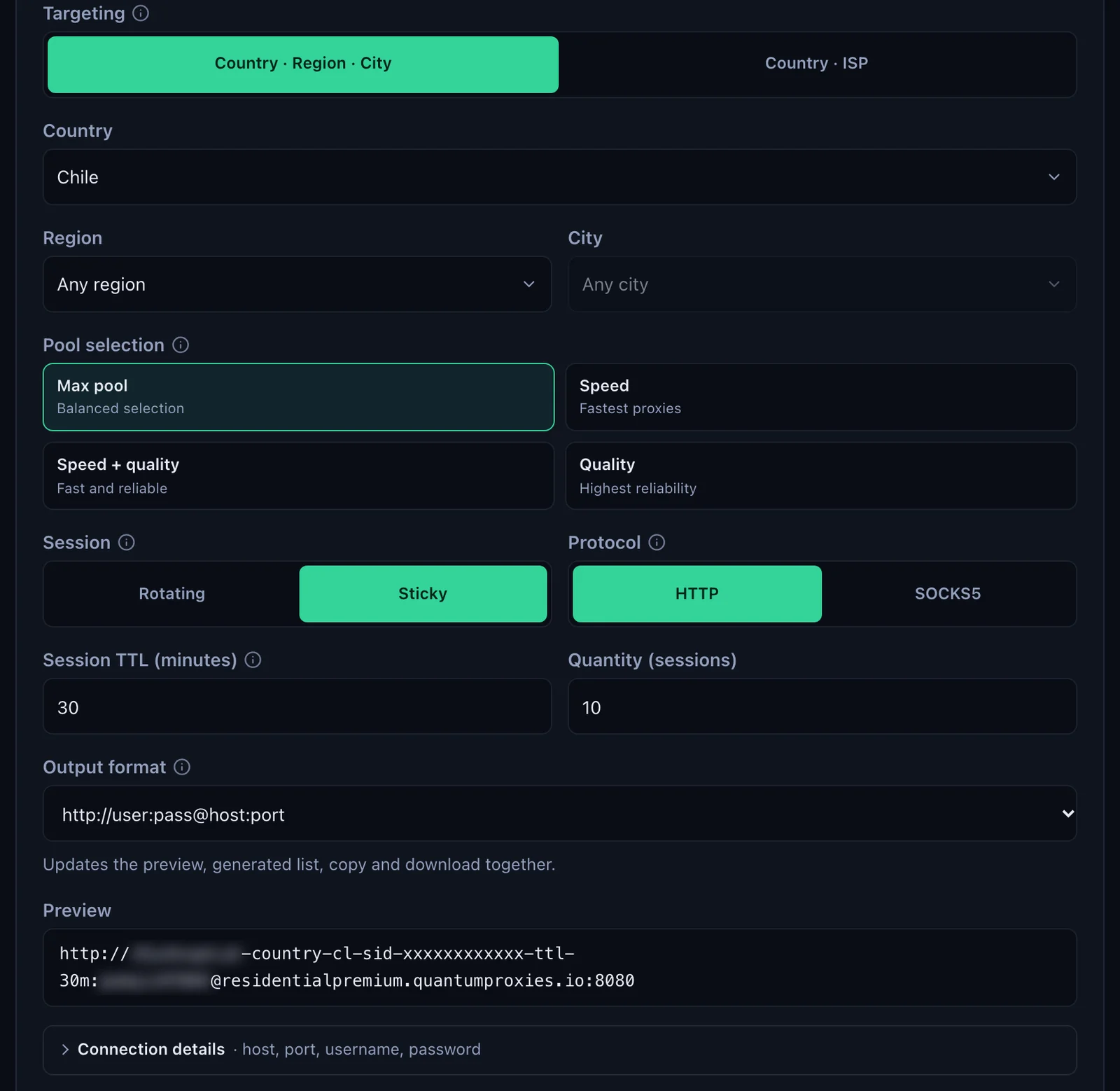 The QuanticData Endpoint generator for a Residential Premium plan: Chile selected, Session set to Sticky with a 30-minute TTL, HTTP protocol, output format http://user:pass@host:port and the preview line on residentialpremium.quantumproxies.io:8080, with the username and password blurred