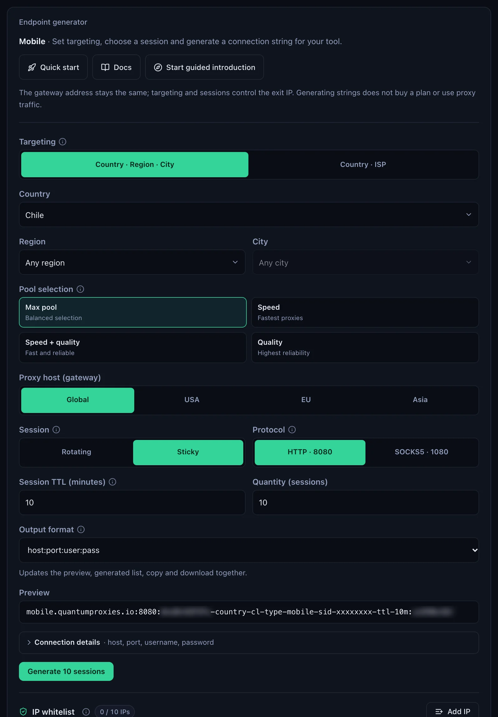 The QuanticData Endpoint generator for a Mobile plan: Chile selected, Global gateway with USA, EU and Asia as alternatives, Sticky session, HTTP 8080 or SOCKS5 1080, and the preview line on mobile.quantumproxies.io:8080 with -country-cl-type-mobile in the username, credentials blurred; the IP whitelist section starts below