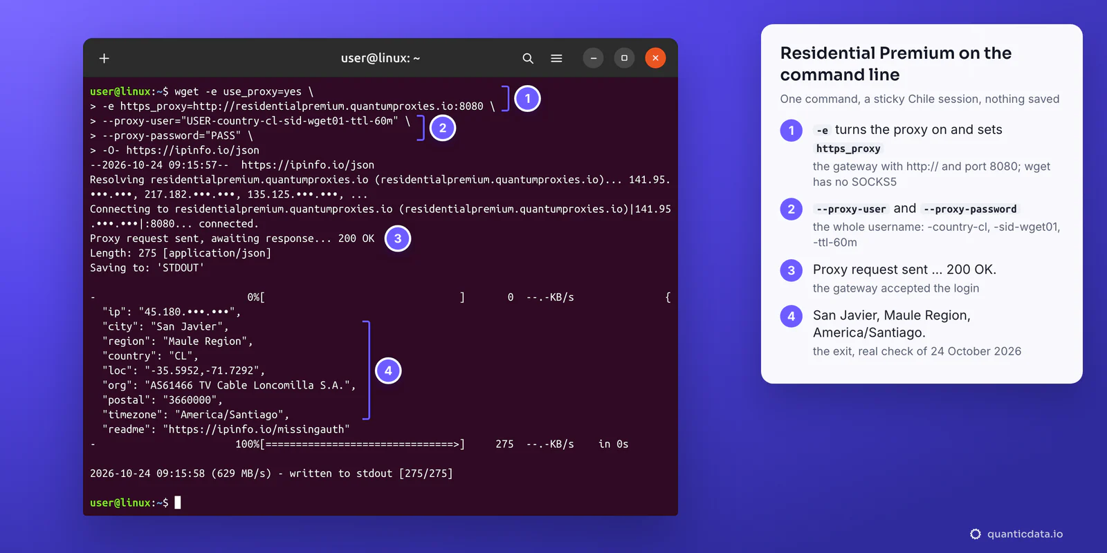 A terminal running wget with -e use_proxy=yes, https_proxy=http://residentialpremium.quantumproxies.io:8080, --proxy-user USER-country-cl-sid-wget01-ttl-60m and --proxy-password PASS; the real output shows Proxy request sent, awaiting response... 200 OK and the exit in San Javier, Maule Region, Chile, America/Santiago, with four numbered steps beside it