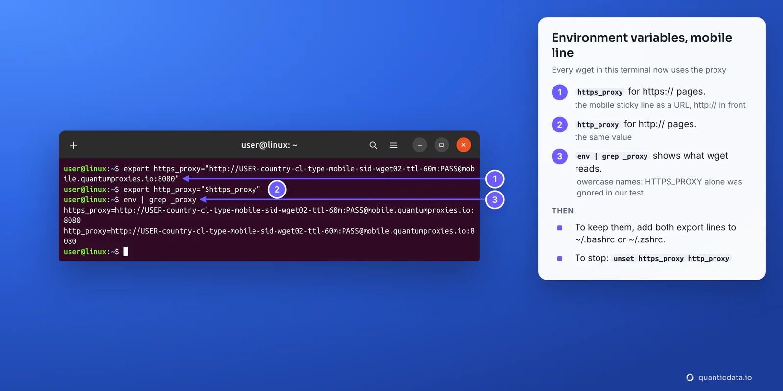A terminal exporting https_proxy and http_proxy with a QuanticData mobile sticky line, http://USER-country-cl-type-mobile-sid-wget02-ttl-60m:PASS@mobile.quantumproxies.io:8080, and listing them with env | grep _proxy, with three numbered steps beside it