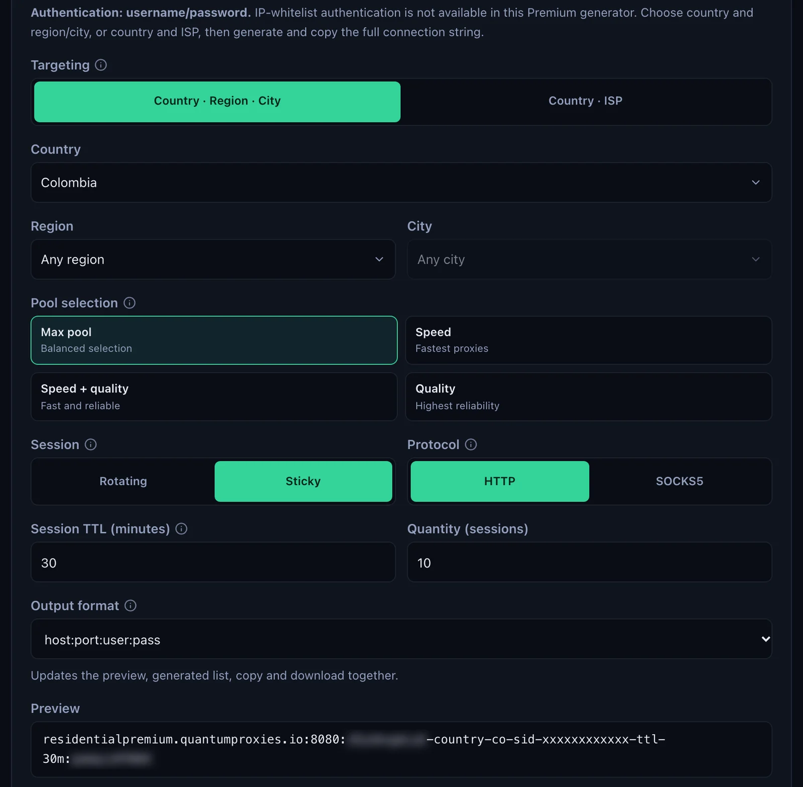 The QuanticData Endpoint generator for a Residential Premium plan: Colombia selected, Session set to Sticky with a 30-minute TTL, HTTP protocol, output format host:port:user:pass and the preview line, with the username and password blurred