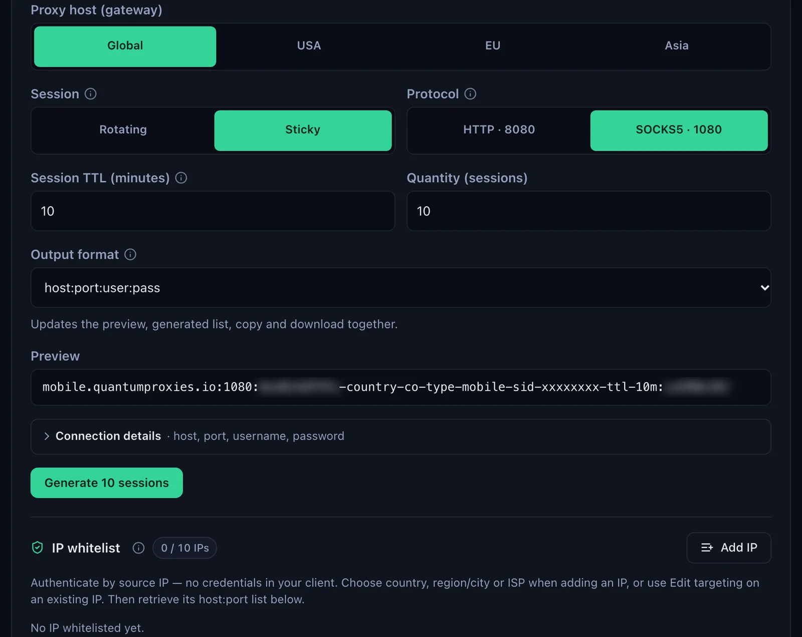 The Mobile Endpoint generator: Global, USA, EU and Asia gateways, Sticky session, SOCKS5 on port 1080, output format host:port:user:pass, a Colombia preview line with -type-mobile and the IP whitelist section below, credentials blurred