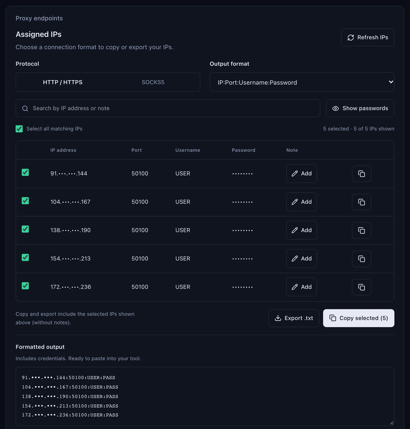 The Assigned IPs panel of a QuanticData ISP plan: Protocol HTTP / HTTPS or SOCKS5, Output format IP:Port:Username:Password, five IPs masked with port 50100 and username USER, and the formatted output ready to copy