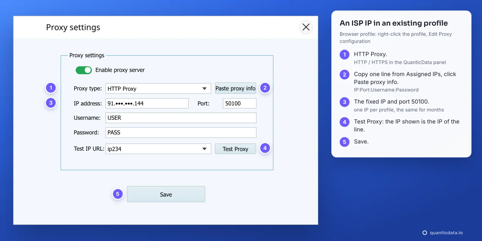 The XLogin Proxy settings window opened with Edit Proxy configuration, with five numbered steps beside it: HTTP Proxy, Paste proxy info, the ISP IP 91.x.x.144 (masked) with port 50100, username USER and password PASS, Test Proxy and Save