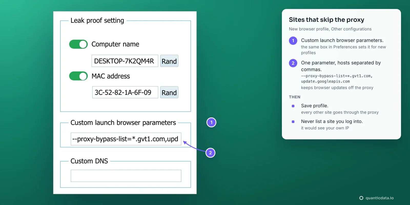 The Other configurations column of an XLogin profile with two numbered steps: the Custom launch browser parameters box and the parameter --proxy-bypass-list=*.gvt1.com,update.googleapis.com, then Save profile and the warning never to list a site you log into