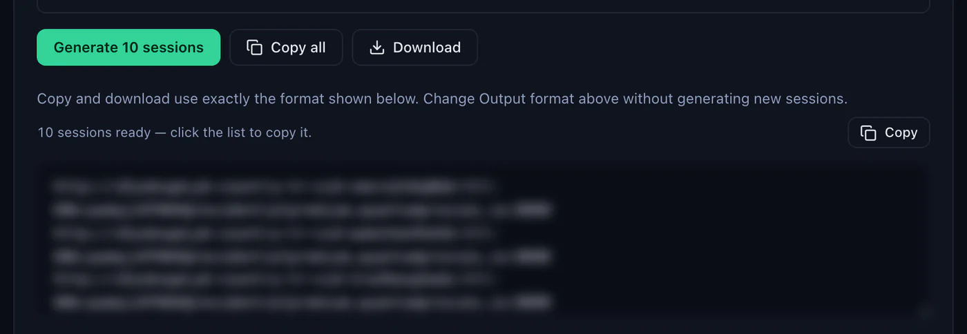 The Generate 10 sessions button of the QuanticData Endpoint generator with Copy all and Download, and the list of ten sticky lines in the http://user:pass@host:port format, credentials blurred