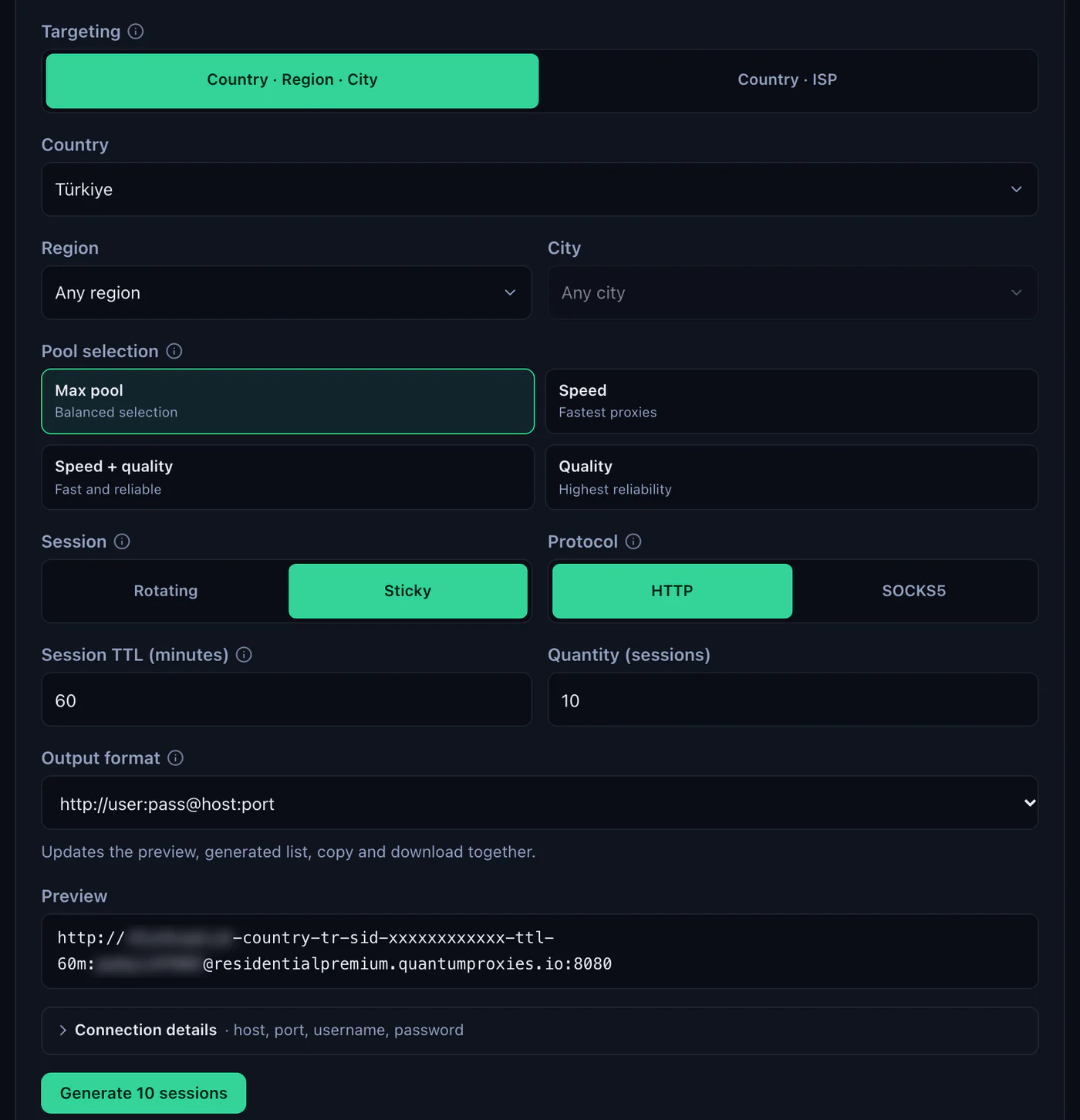 The QuanticData Endpoint generator for a Residential Premium plan: Türkiye selected, Session set to Sticky with a 60-minute TTL, HTTP protocol, Output format http://user:pass@host:port and the preview line on residentialpremium.quantumproxies.io port 8080, with the username and password blurred