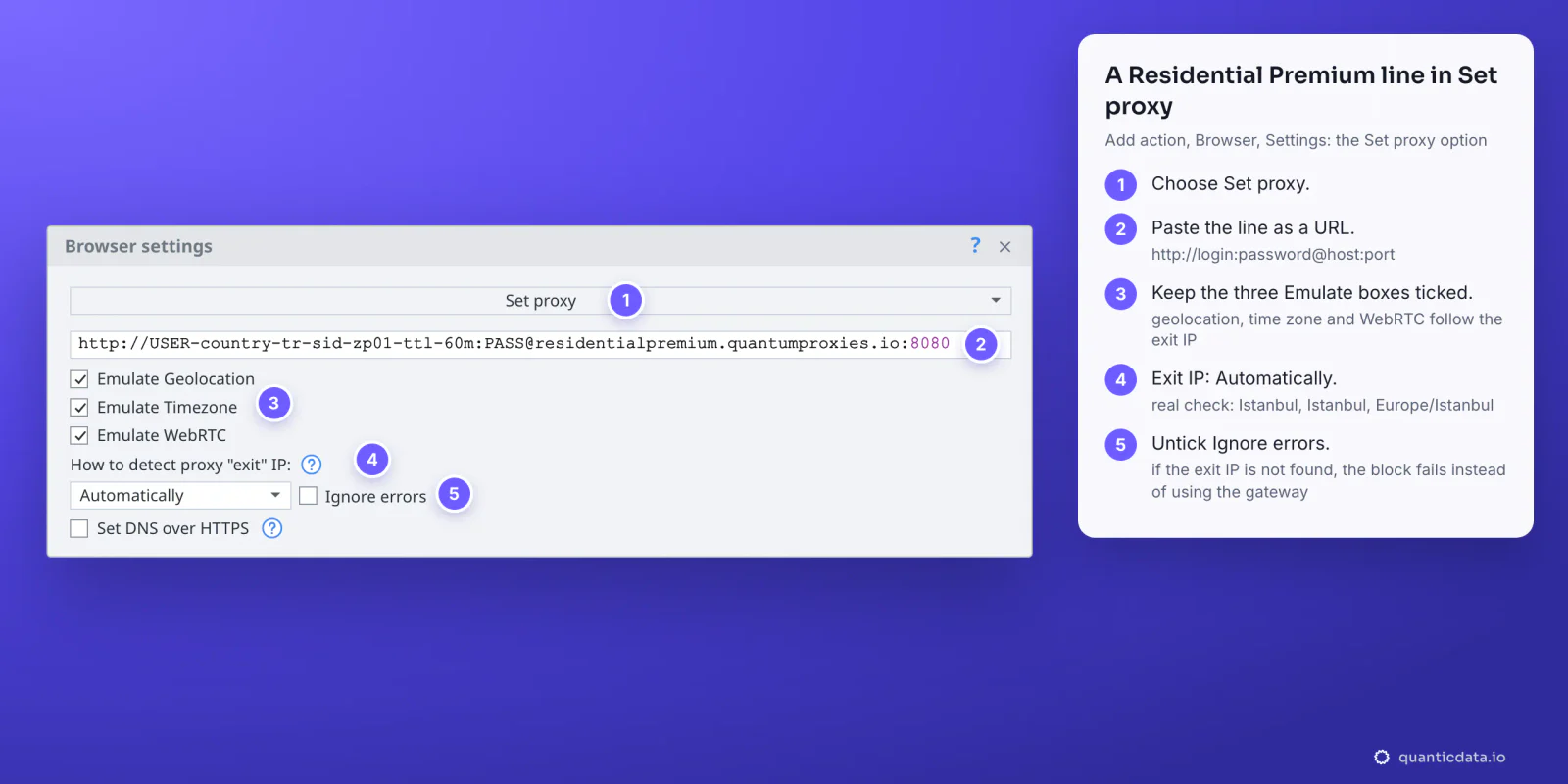 The Browser settings action of ZennoPoster with five numbered steps beside it: 1 Set proxy, 2 the QuanticData Residential Premium line http://USER-country-tr-sid-zp01-ttl-60m:PASS@residentialpremium.quantumproxies.io:8080, 3 Emulate Geolocation, Timezone and WebRTC ticked, 4 exit IP detection Automatically (real check: Istanbul, Istanbul, Europe/Istanbul), 5 Ignore errors unticked