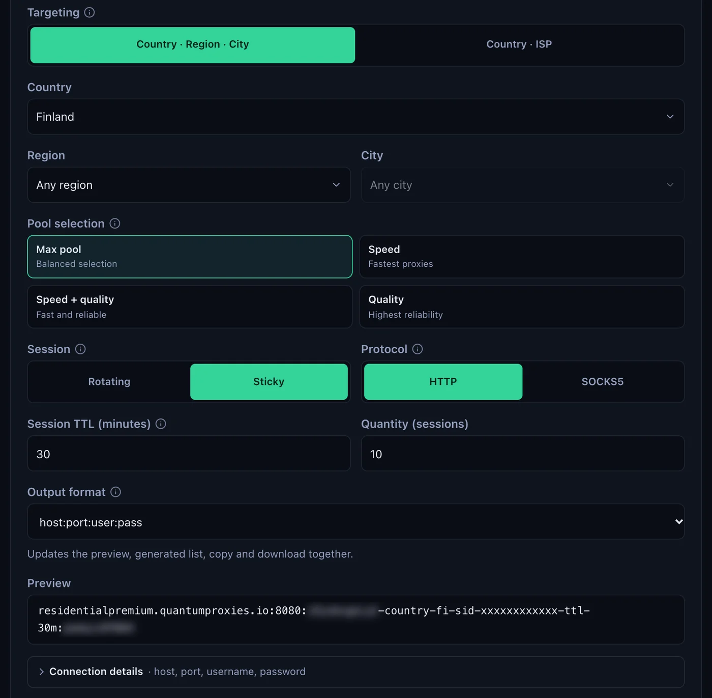 The QuanticData Endpoint generator for a Residential Premium plan: Finland selected, Session set to Sticky, HTTP protocol, output format host:port:user:pass and the preview line, with the username and password blurred