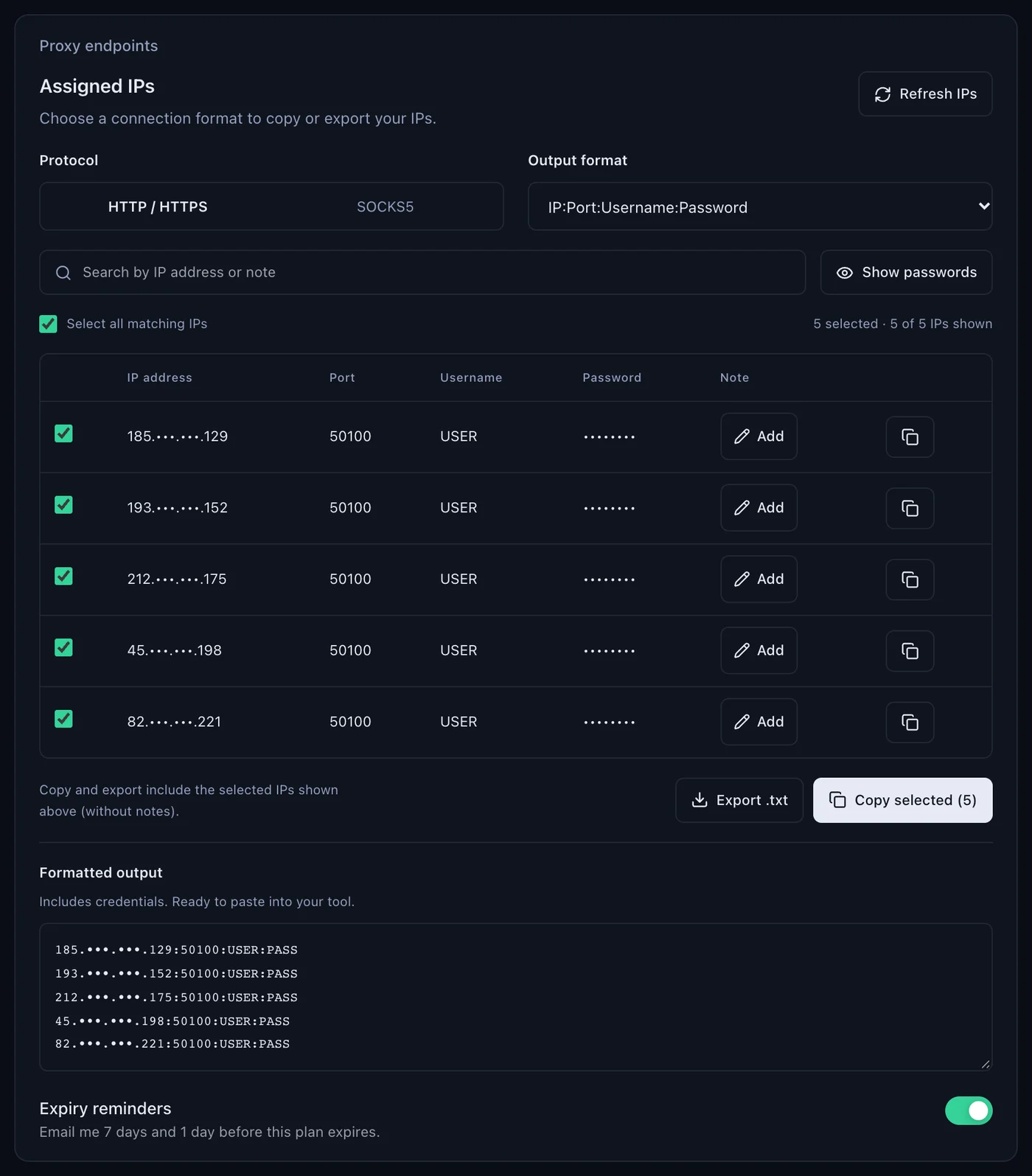 The Proxy endpoints panel of a QuanticData ISP plan: Assigned IPs with Protocol HTTP / HTTPS or SOCKS5, Output format IP:Port:Username:Password, a list of masked IPs on port 50100 with username USER, and the formatted output ready to copy