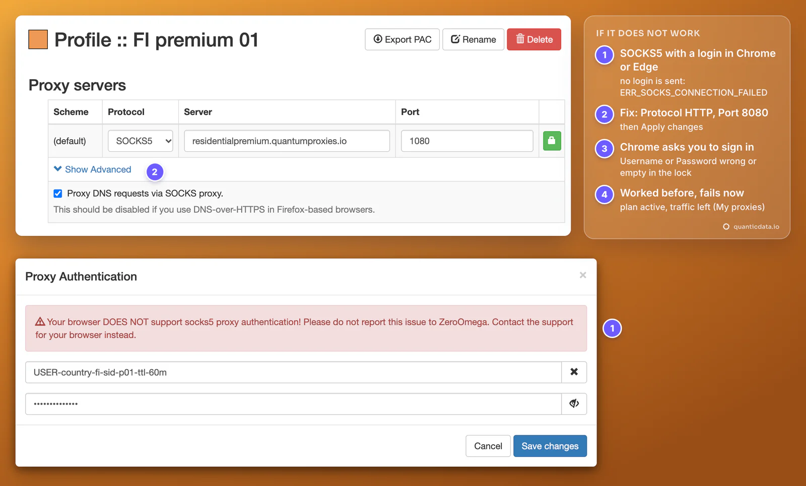 ZeroOmega in Chrome with Protocol SOCKS5 on port 1080: the Proxy Authentication dialog shows the warning Your browser DOES NOT support socks5 proxy authentication, so pages fail with ERR_SOCKS_CONNECTION_FAILED; numbered notes give the fix (Protocol HTTP, Port 8080, Apply changes) and what to check when Chrome asks to sign in or a proxy that worked stops working