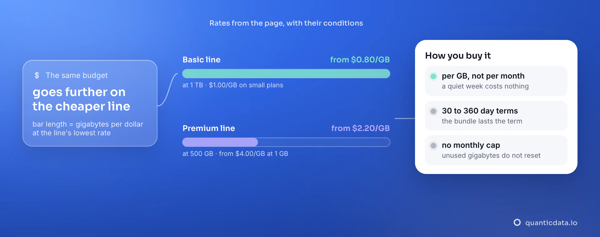 Basic line from $0.80/GB (at 1 TB · $1.00/GB on small plans), Premium line from $2.20/GB (at 500 GB · from $4.00/GB at 1 GB): the same budget goes further on the cheaper line; bandwidth is bought per GB over 30 to 360 day terms, with no monthly cap.