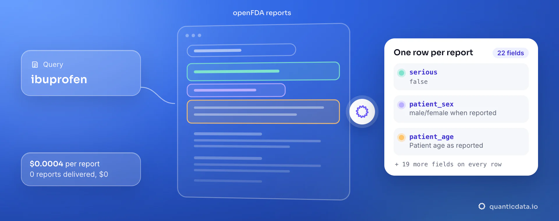 openFDA API: from query, QuanticData reads the openFDA reports and returns one row per report with serious, patient_sex and patient_age, at $0.0004 per delivered report.
