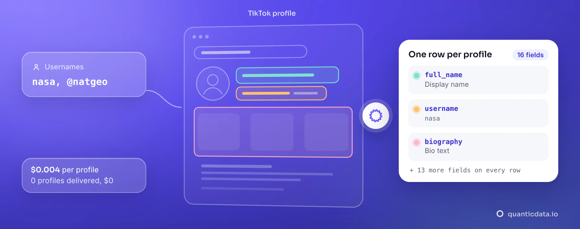 TikTok scraper API: from usernames, QuanticData reads the TikTok profile and returns one row per profile with full_name, username and biography, at $0.004 per delivered profile.