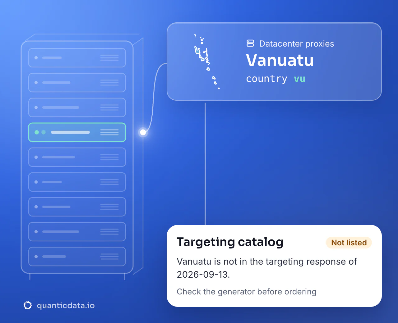 Datacenter proxies in Vanuatu: the country selector vu next to the outline of Vanuatu, with a note that Vanuatu is not in the 2026-09-13 datacenter targeting catalog.