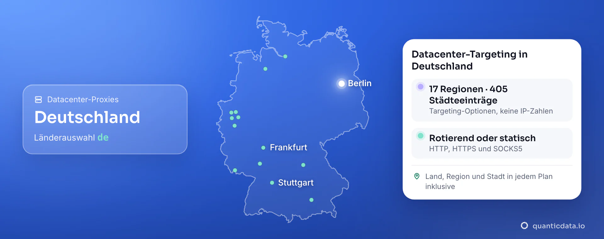 Datacenter-Proxies in Deutschland: der Umriss Deutschlands mit Berlin, Stuttgart und Frankfurt, die Länderauswahl de und die Karte „Datacenter-Targeting in Deutschland“: 17 Regionen und 405 Städteeinträge (Targeting-Optionen, keine IP-Zahlen), rotierend oder statisch über HTTP, HTTPS und SOCKS5; Land, Region und Stadt in jedem Plan inklusive.