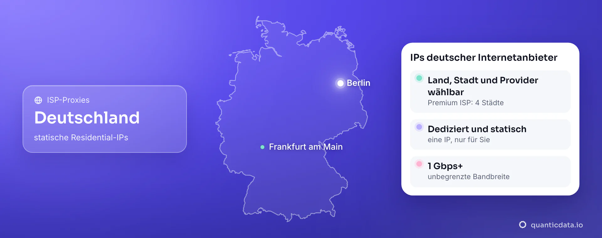 ISP-Proxies in Deutschland, statische Residential-IPs: der Umriss Deutschlands mit Berlin und Frankfurt am Main und die Karte „IPs deutscher Internetanbieter“: Land, Stadt und Carrier wählbar (Premium ISP: 4 Städte), dediziert und statisch, eine IP nur für Sie, 1 Gbps+ mit unbegrenzter Bandbreite.